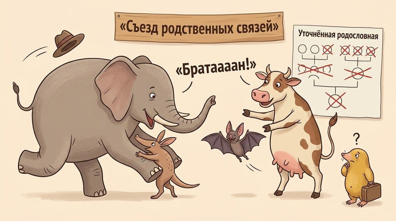 Кузены с сюрпризом: почему летучая мышь ближе корове, а слон — аардварку